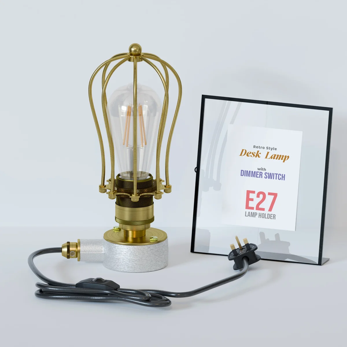 Vintage steampunk metal desk lamp with dimmer switch and adjustable brightness on a wooden table in a loft setting