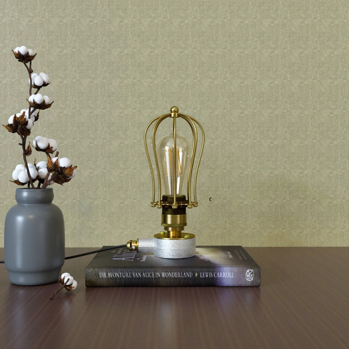 Retro style table lamp with vintage conduit pipe design and dimmer switch on cable, metal industrial desk lamp on wooden surface
