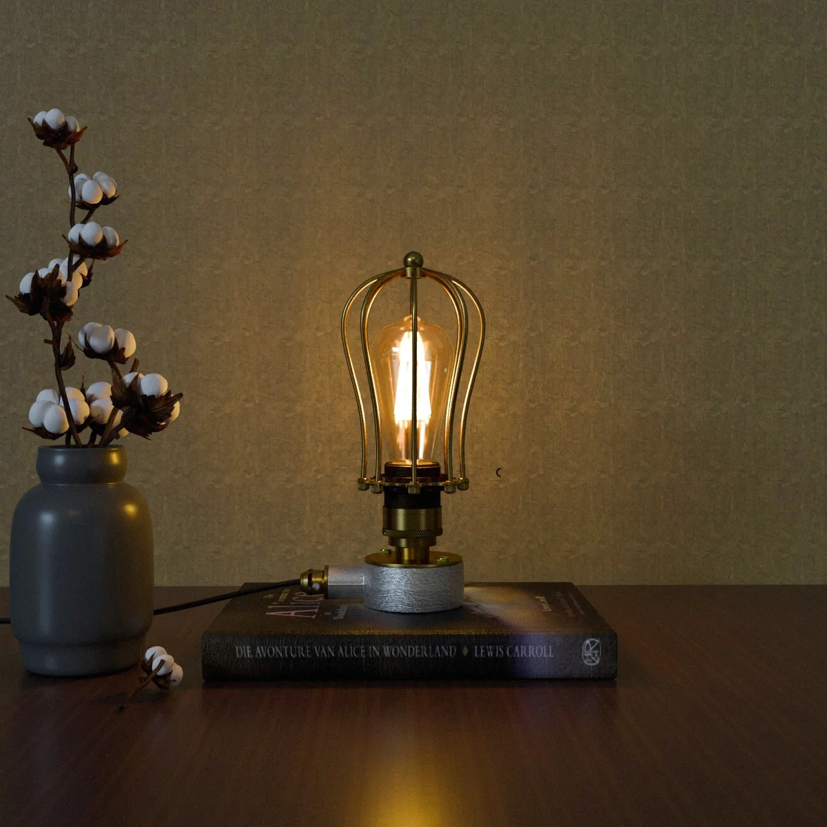 Vintage industrial conduit pipe plug-in dimmer lamp with metal iron finish and adjustable brightness on wooden table