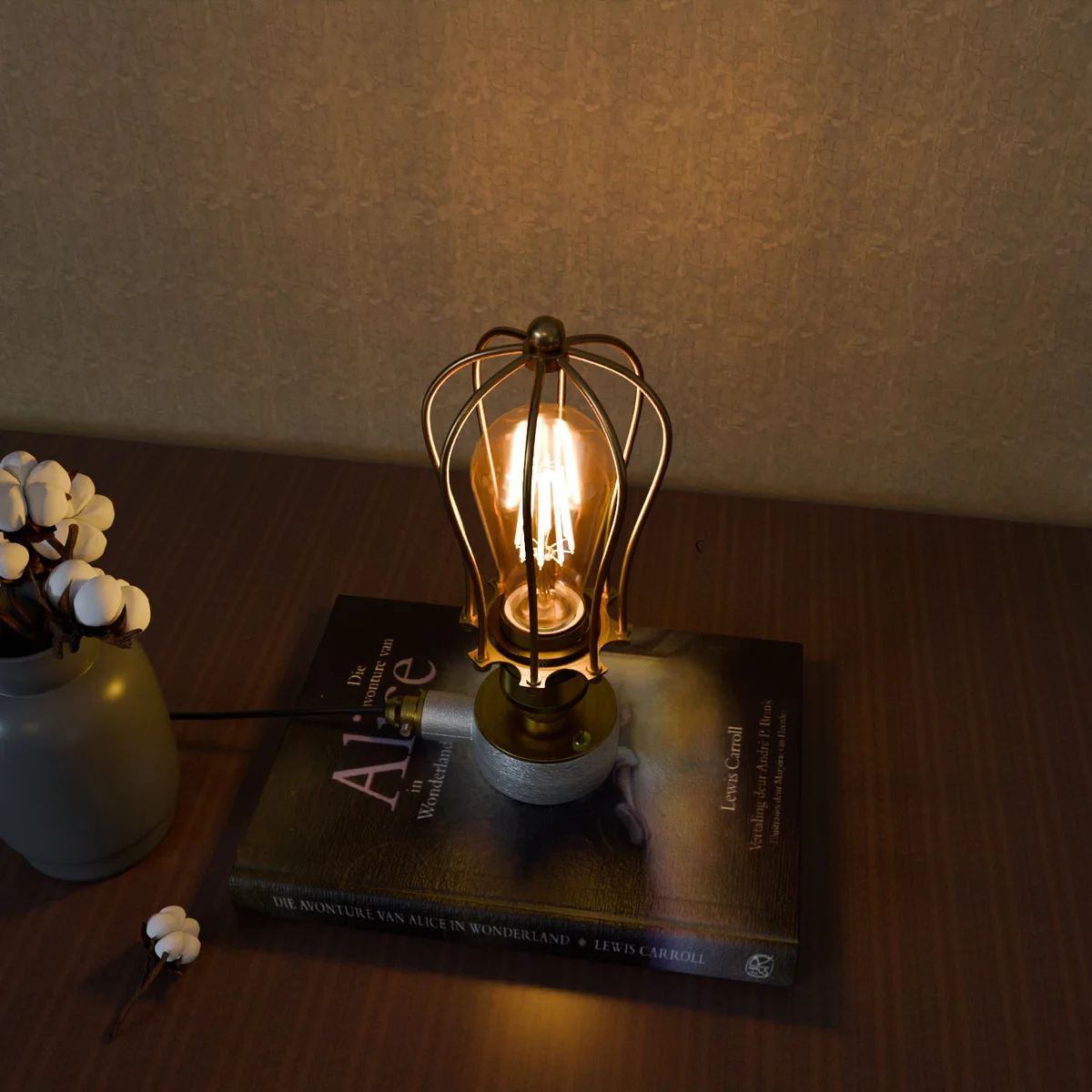 Rustic metal steampunk table lamp with conduit pipe design and dimmer switch on cable, vintage industrial style desk lamp
