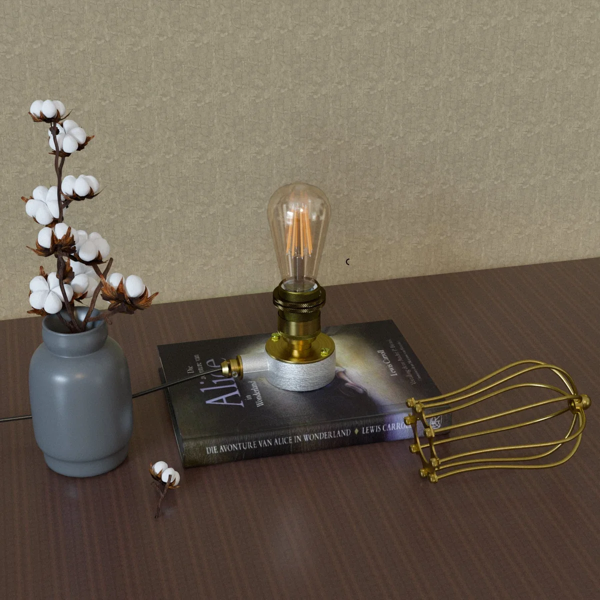 Steampunk table lamp made from metal conduit pipes with vintage industrial design and dimmer switch on cable