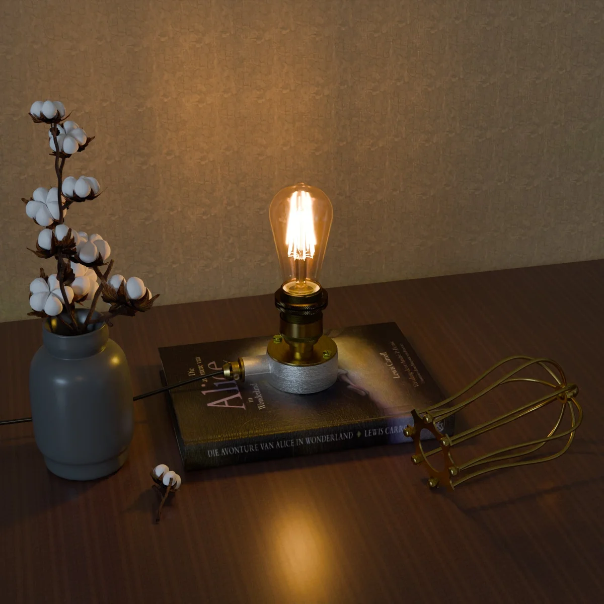 Rustic vintage steampunk table lamp with adjustable dimmer switch and metal conduit pipe design on wooden surface