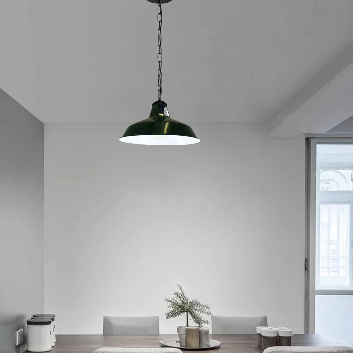 Green modern pendant light with slotted metal shade, adjustable wire and chain, angled for sloped ceilings, E27 base