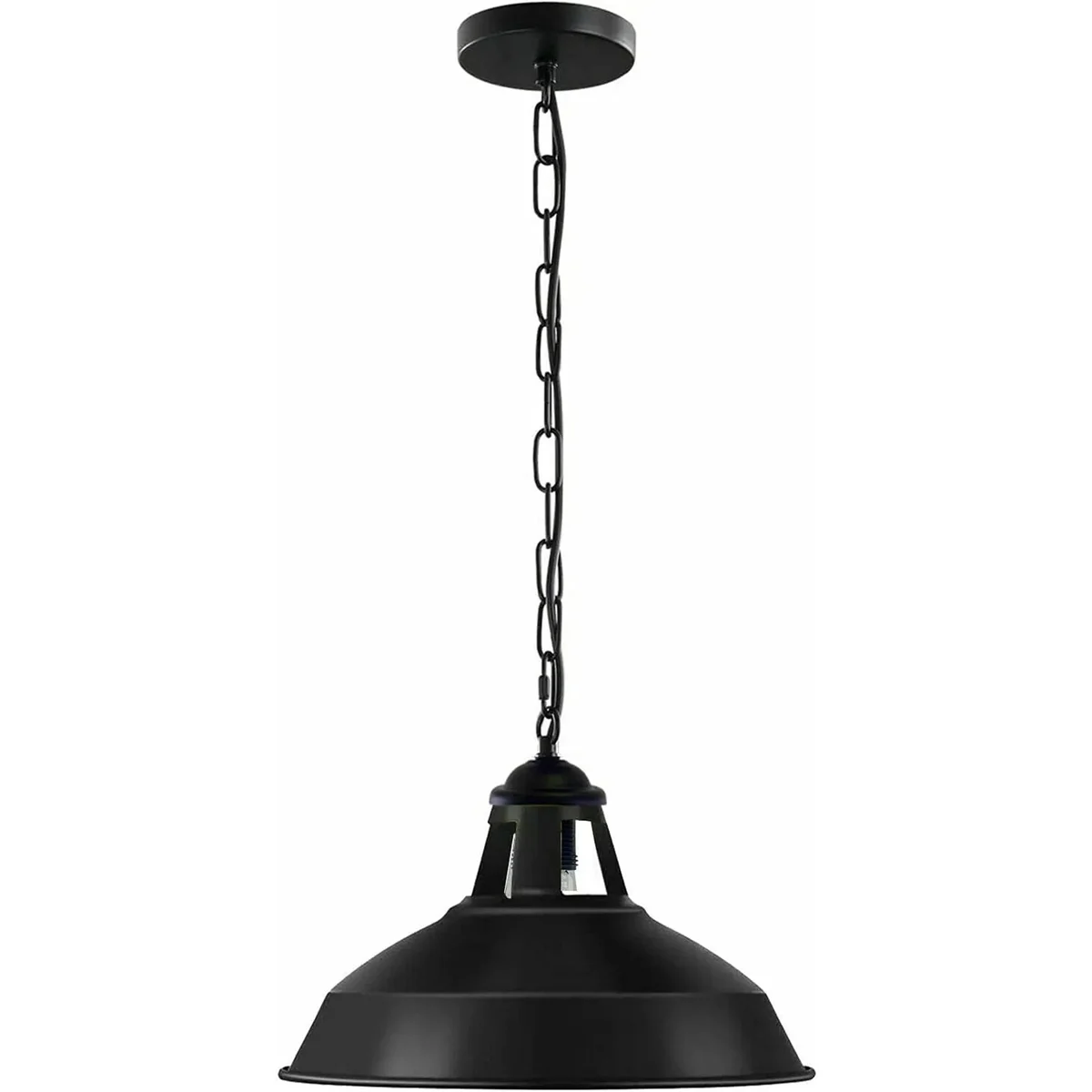 Modern pendant light with slotted metal design in green, adjustable wire and chain, angled hood for sloped ceilings