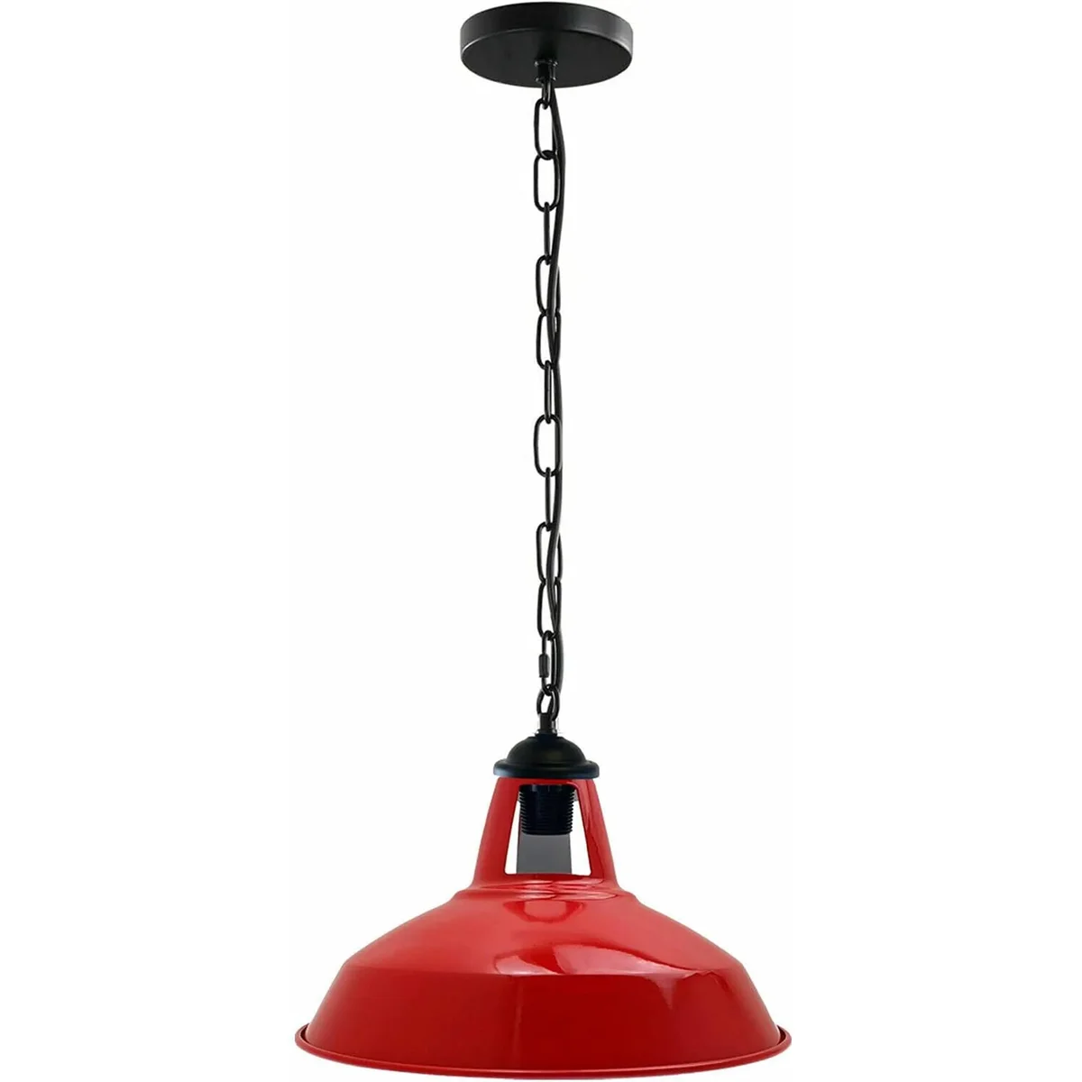 Green modern pendant light with slotted metal hood, adjustable wire and chain, angled for sloped ceilings, no bulb included
