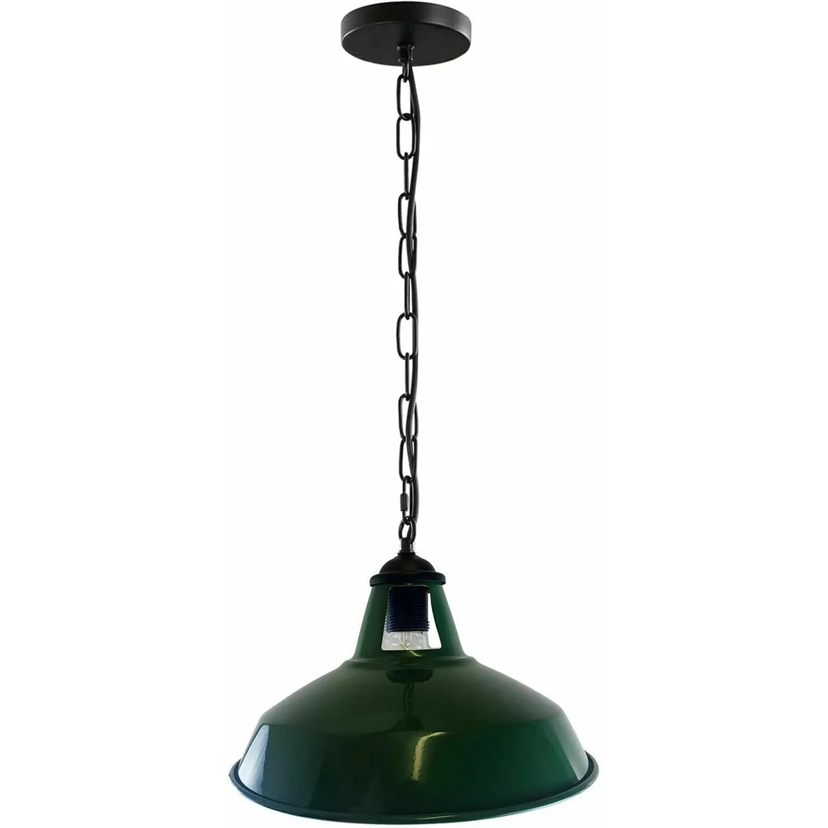 Green modern pendant light with slotted metal hood, adjustable wire and chain, angled for sloped ceilings, no bulb included