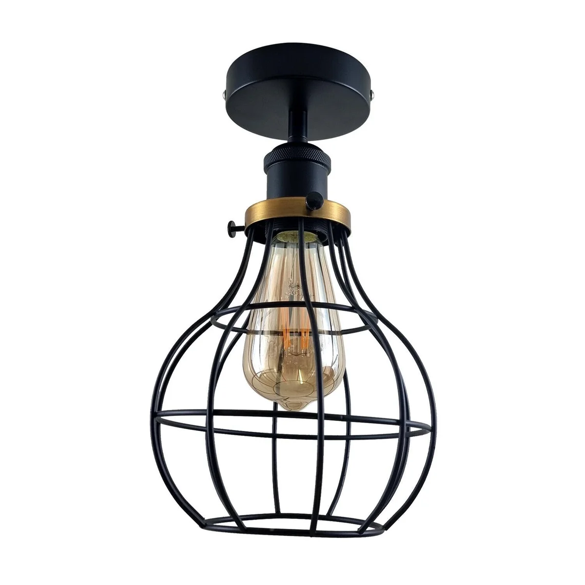 Black vintage industrial loft ceiling light with metal cage flush mount and E27 bulb holder on white background