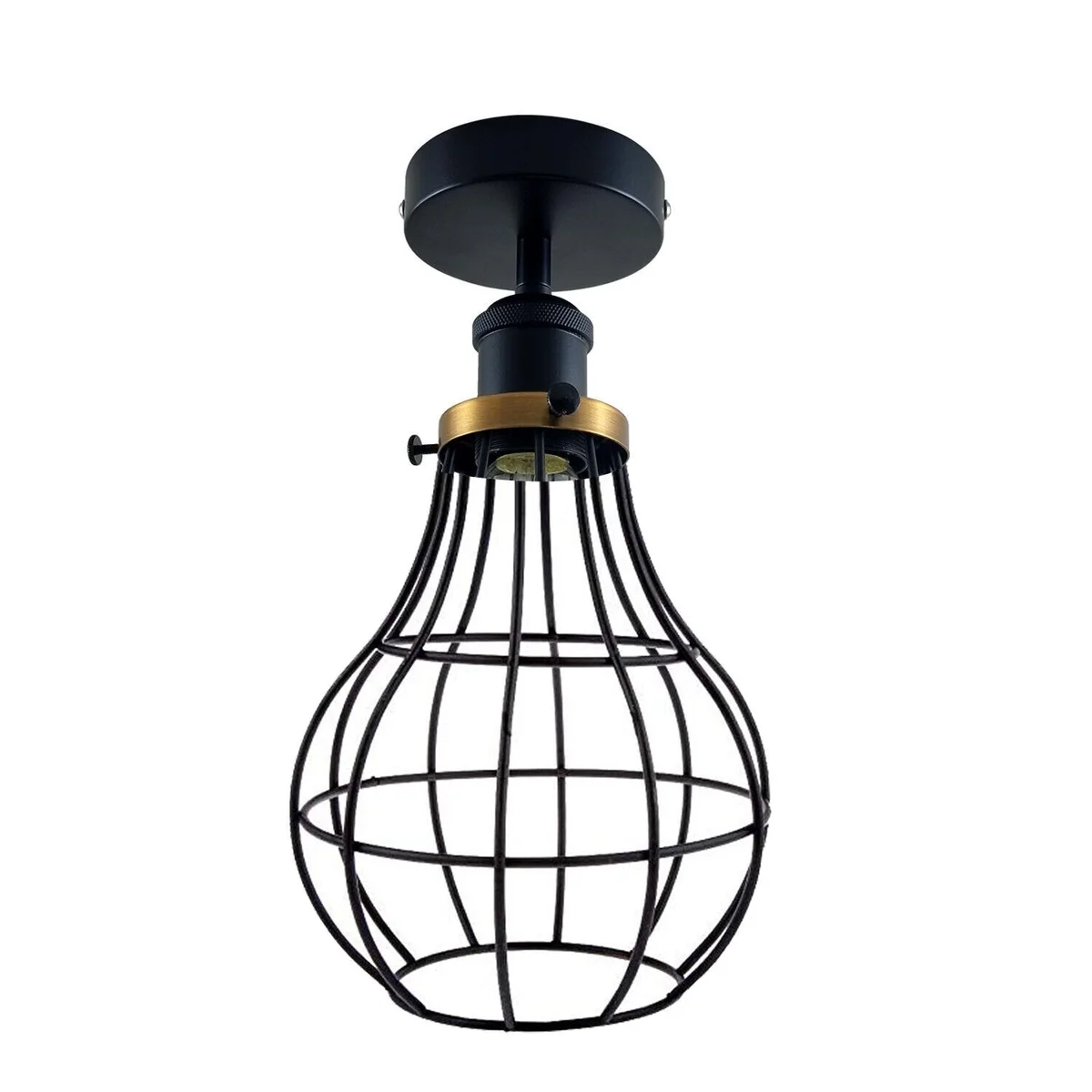 Black vintage industrial metal cage ceiling light with flush mount and E27 bulb holder against white background