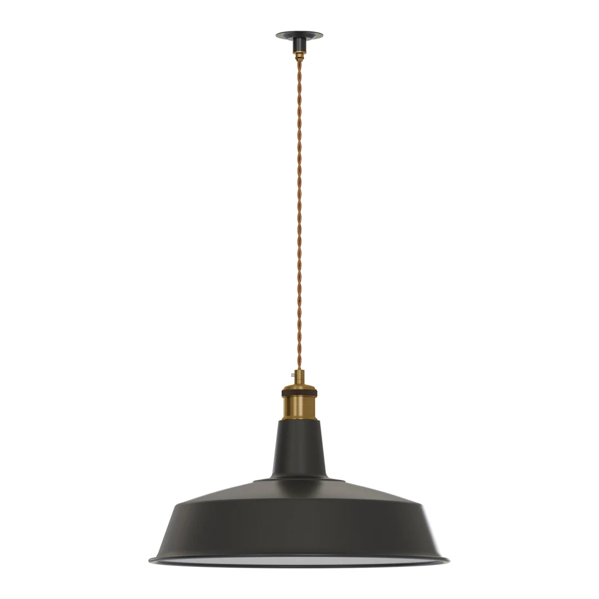 Large black metal pendant light with industrial design, 40cm diameter, ceiling mounted with E27 bulb holder