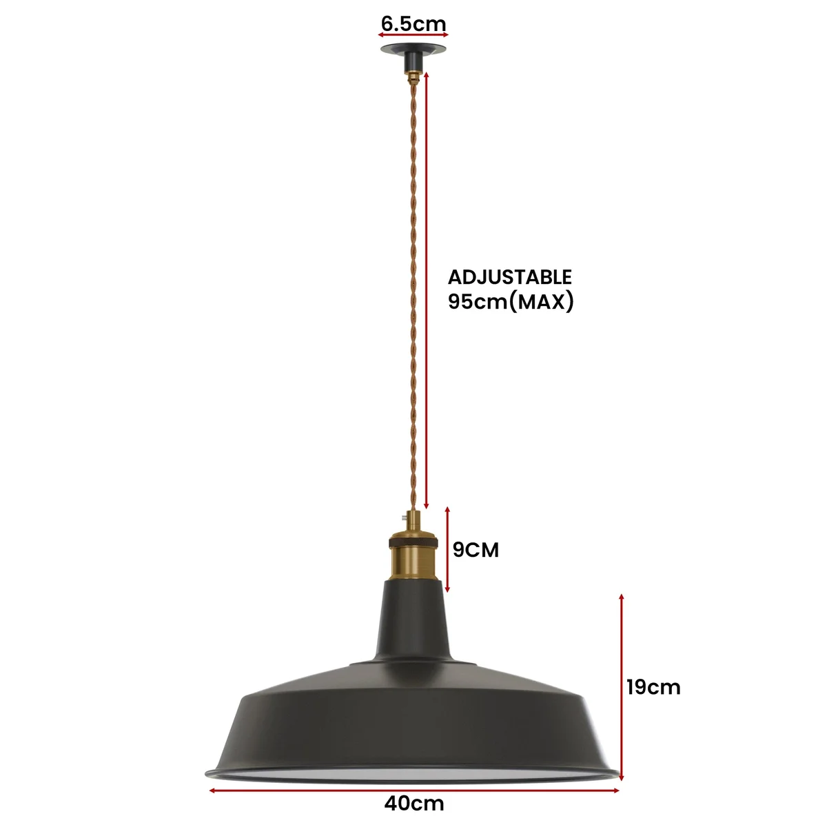 Black metal large dimmable pendant lamp with industrial design, 40cm diameter, ceiling mounted with E27 bulb holder