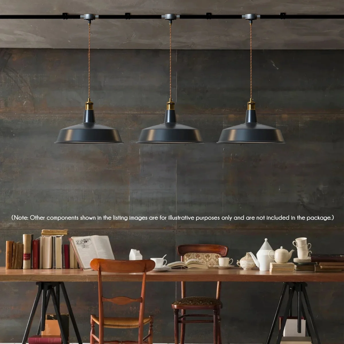 Black industrial metal pendant light with E27 bulb pendant, 40cm diameter, ceiling mounted with corded electric power source