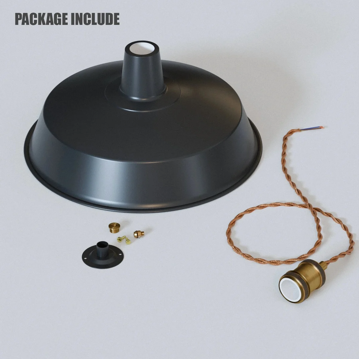 Black metal industrial pendant light with 40cm diameter, ceiling mounted with conduit pipe design and E27 bulb holder