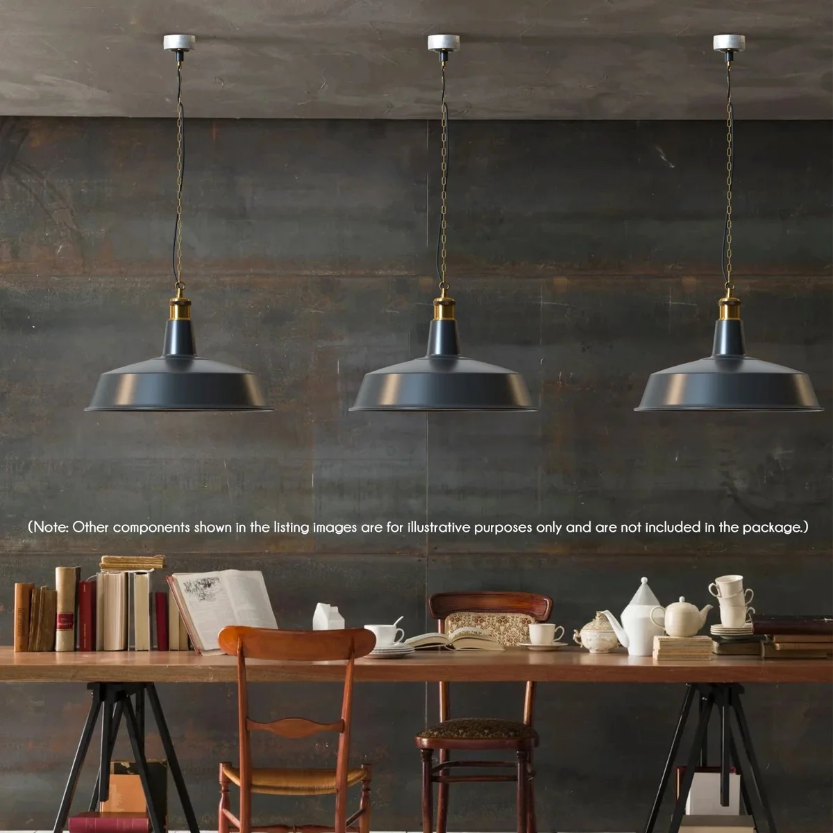 Large black metal industrial pendant light with 40cm diameter, ceiling mounted, dimmable with E27 bulb holder