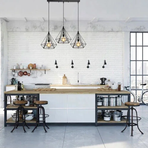 Blue metal 3 head pendant light with rectangular diamond cage design and Edison bulb holders hanging from ceiling rose