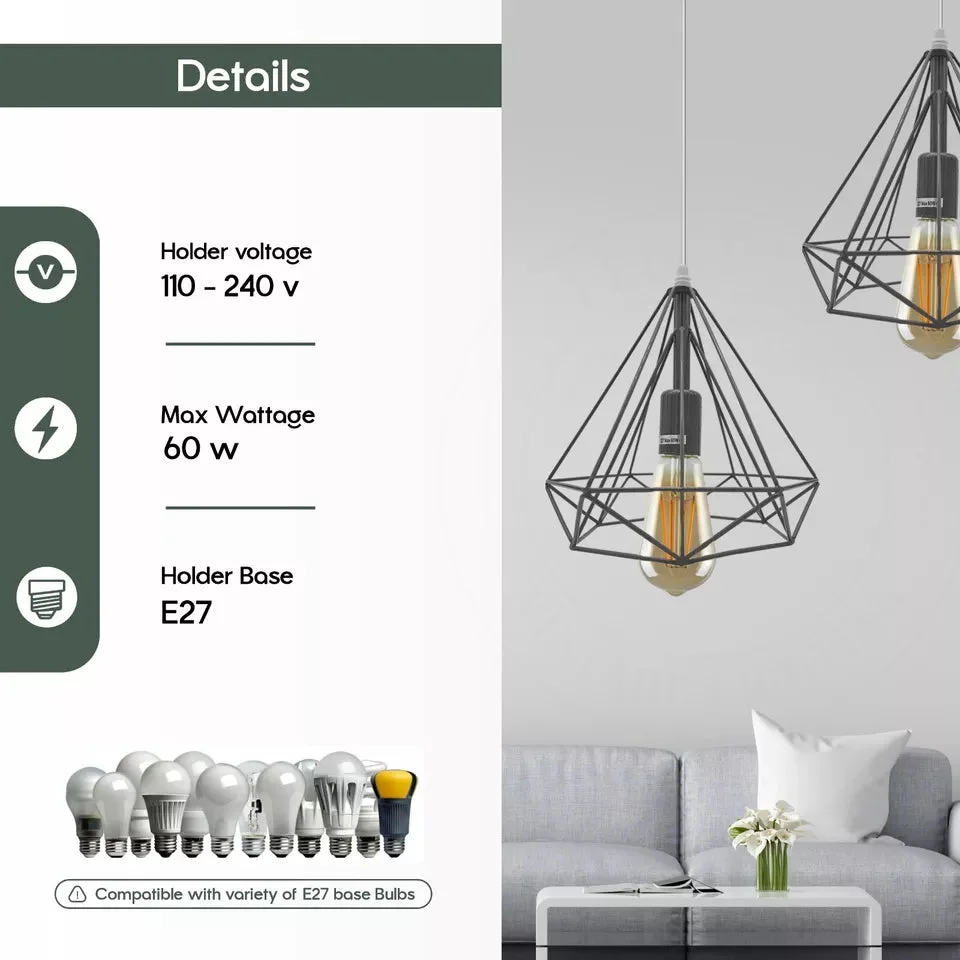 3 head rectangle metal cage industrial ceiling light pendant with Edison bulb holders in blue, green, gold, and white colors