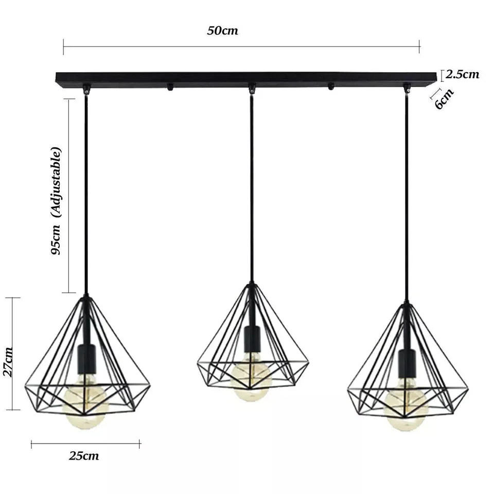 Three-head rectangle metal cage pendant light with Edison filament bulb light, blue, green, gold, and white finish hanging ceiling lamp