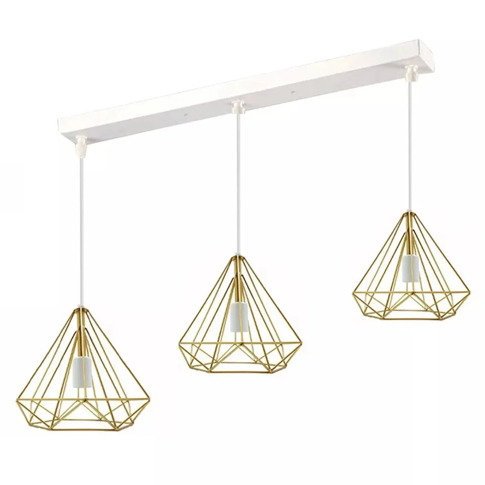 Blue, green, and gold 3 head rectangle diamond cage hardwired ceiling light pendant with Edison bulb holders