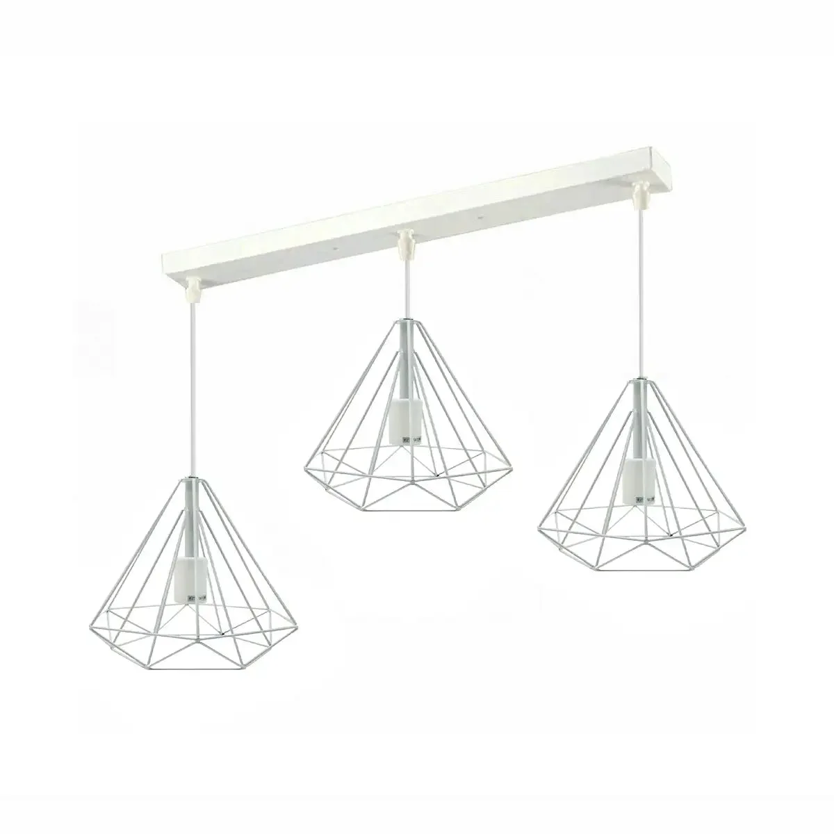 Blue, green, and gold metal 3 head pendant light with rectangular diamond cage design hanging from ceiling