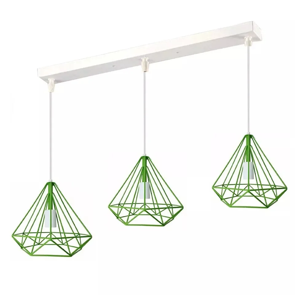 Blue, green, and gold 3 head pendant light with rectangular diamond metal cages hanging from ceiling rose