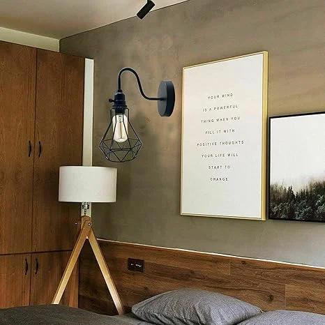 Industrial vintage wall light with geometric metal cage and E27 lamp holder in rustic style for home decor