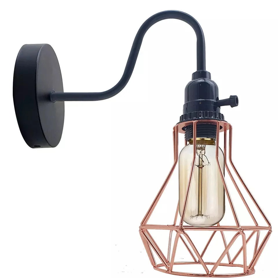 Industrial vintage wall sconce featuring a geometric metal cage lamp with E27 bulb holder in rustic metal finish