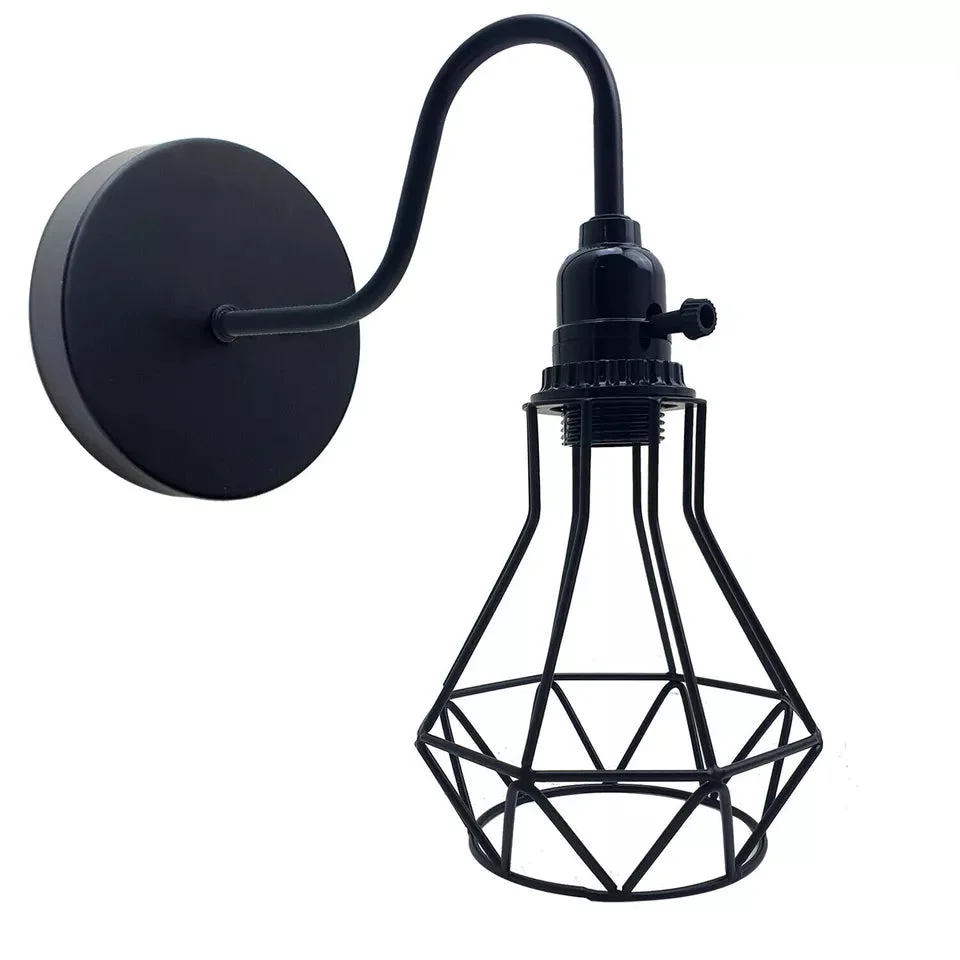 Geometric metal cage industrial style lighting wall sconce in vintage design with E27 lamp holder on white background