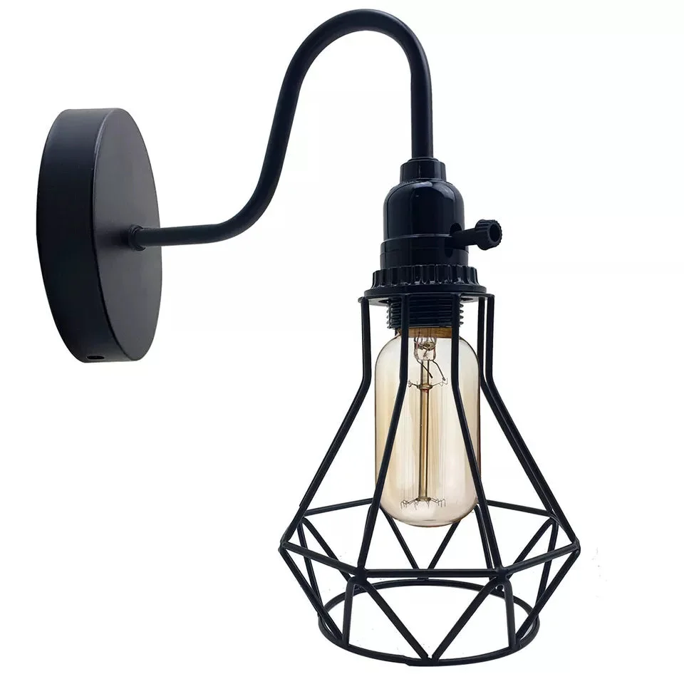 Industrial vintage geometric wall lamp with metal cage and E27 socket, perfect for rustic home decor lighting.
