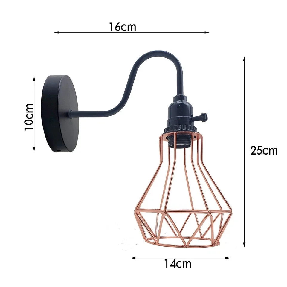 Industrial wall sconce with geometric metal cage and E27 lamp holder in vintage industrial style on white background