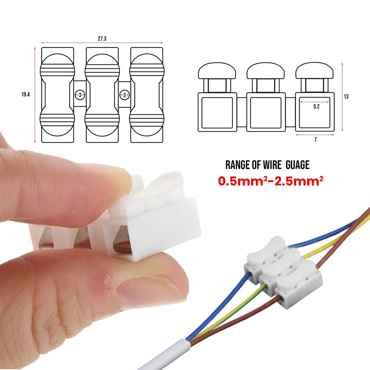Close-up of self-locking 250v wire connectors showing clear plastic housing and metal contact inside