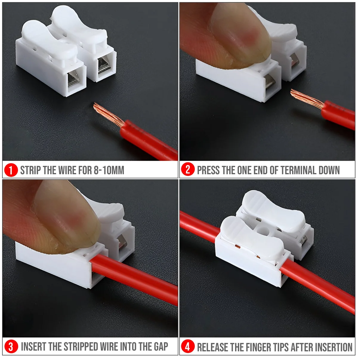 Close-up of self-locking toolless wire connectors showing secure locking mechanism and flame-retardant plastic design