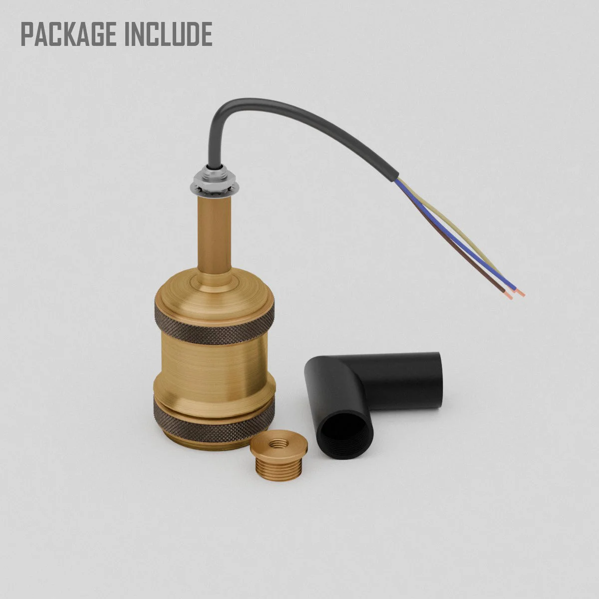 E27 conduit lighting connector set with L and Tee metal connectors and adjustable arm holder for wall mounting