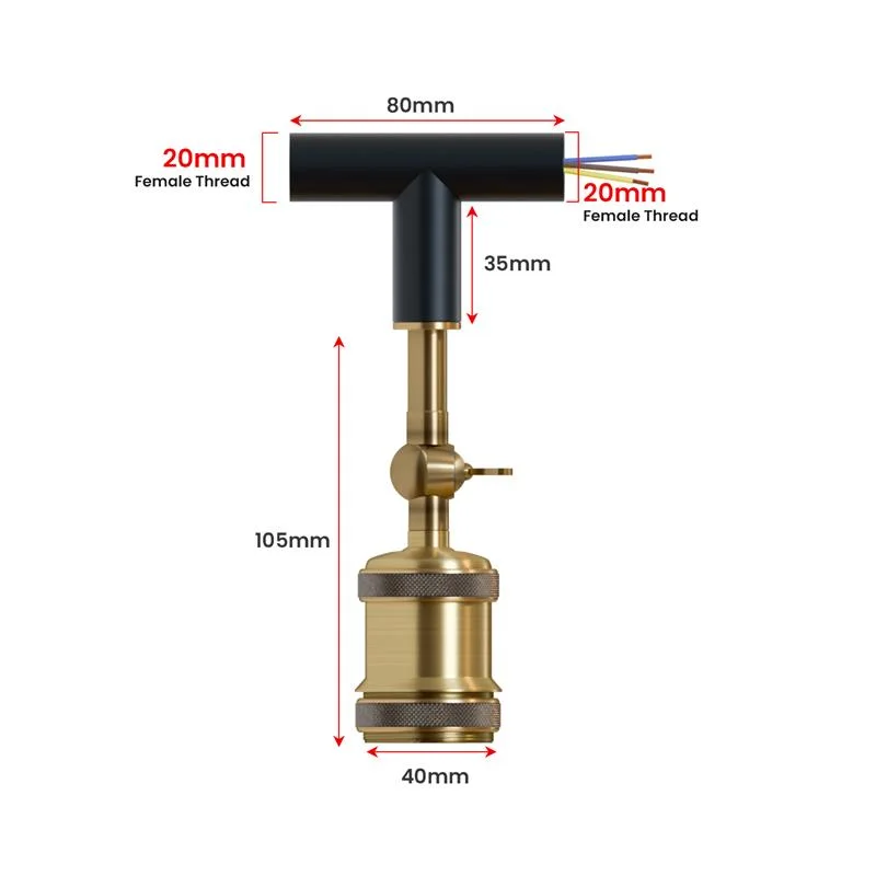 Metal L and Tee connectors with rotatable arm holder and E27 socket for adjustable wall sconce lighting setup