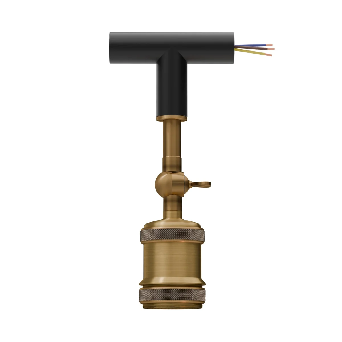 Metal L and Tee connector with rotatable E27 arm holder, designed as a hardwired lighting fixture for wall mounting