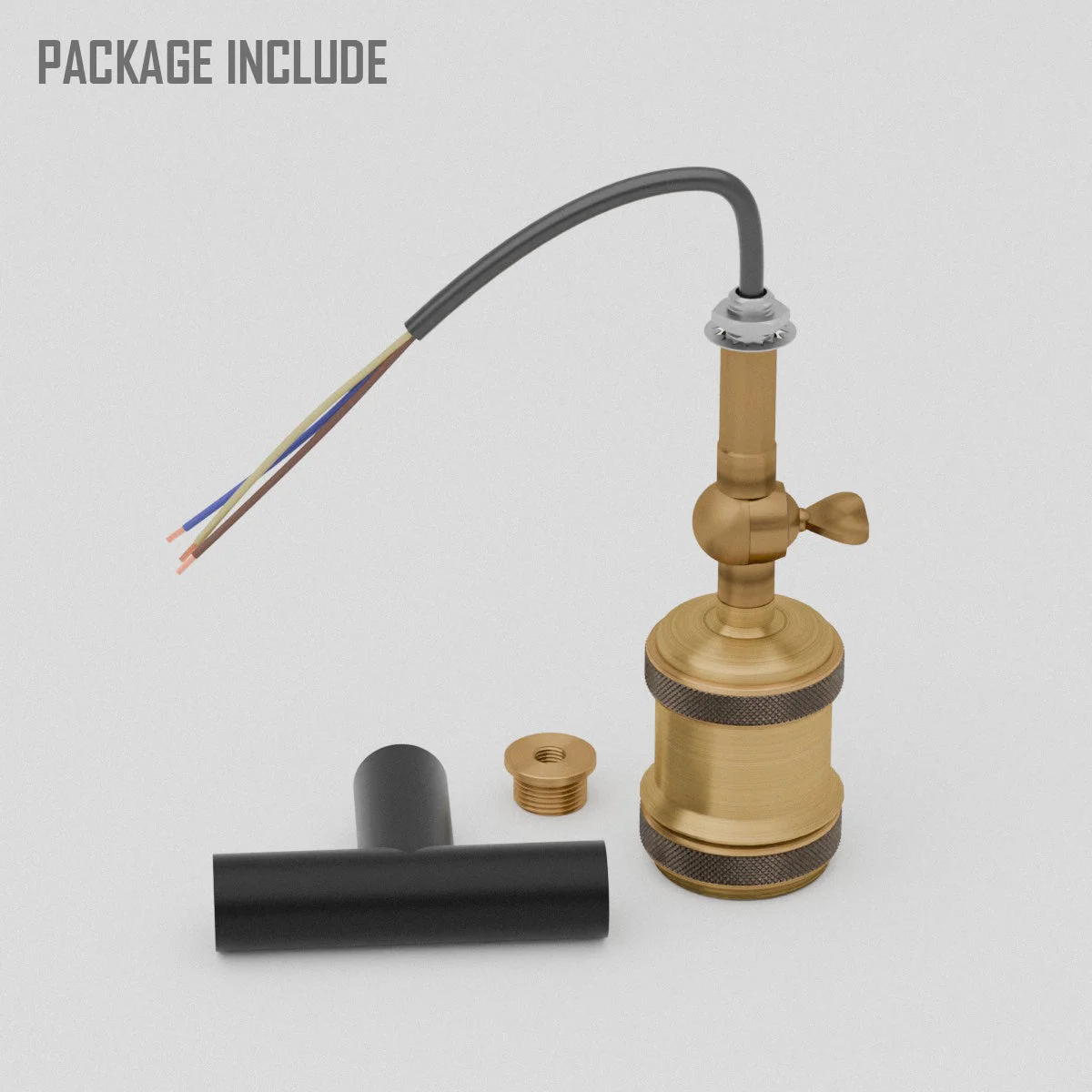 E27 conduit lighting connector with metal L and Tee connectors and adjustable arm holder for versatile lighting setups