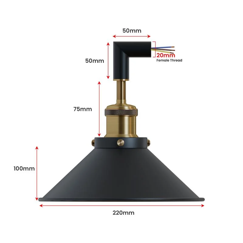 Metal E27 conduit lighting connector with L and Tee connectors and adjustable arm holder for versatile lighting setups