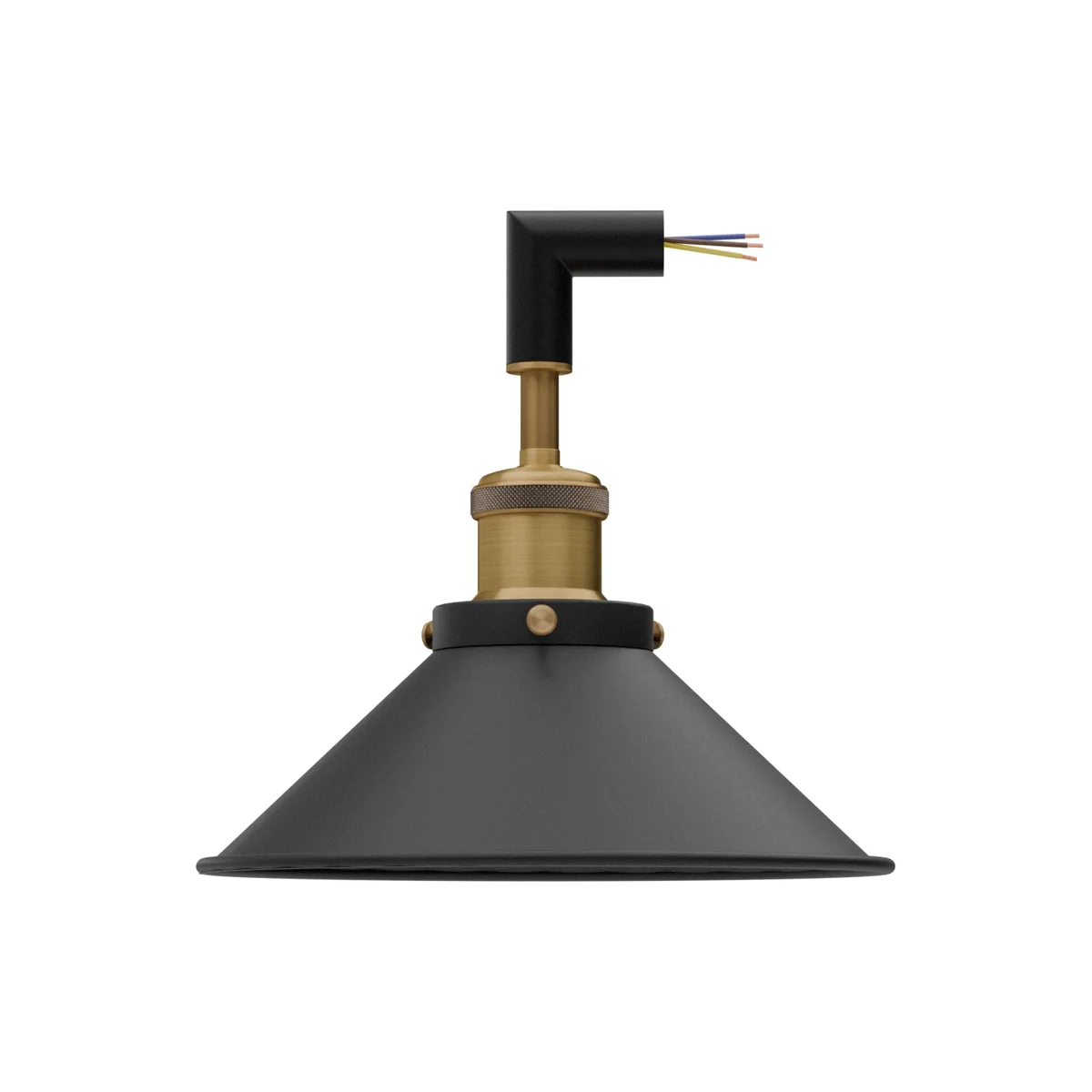 E27 conduit lighting connector with L and Tee metal connectors and adjustable arm holder for wall-mounted lighting setups