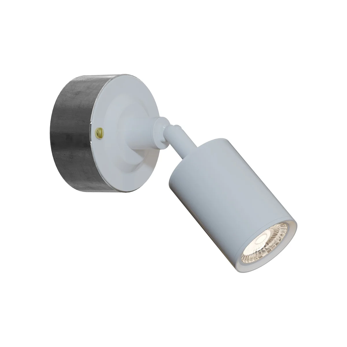 Yellow brass rotatable wall spotlight with cylindrical design and attached galvanized steel conduit loop-in box on white background