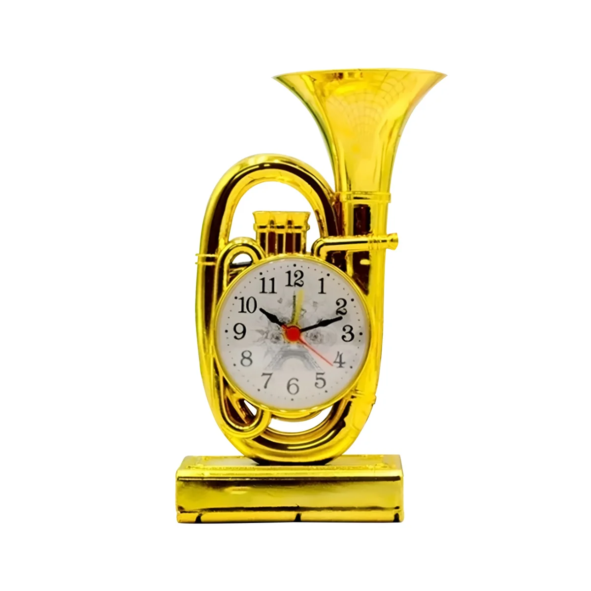 Retro alarm clock shaped like a trumpet with chrome finish and analogue display on a white background
