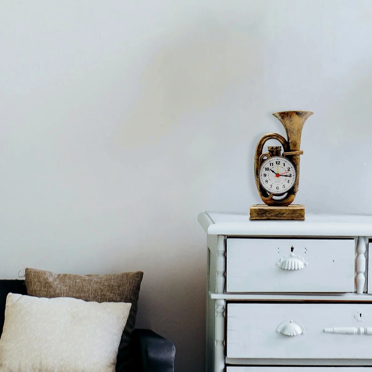 Analogue trumpet clock in brushed brass with glass front and retro style, ideal for bedroom or living room decor