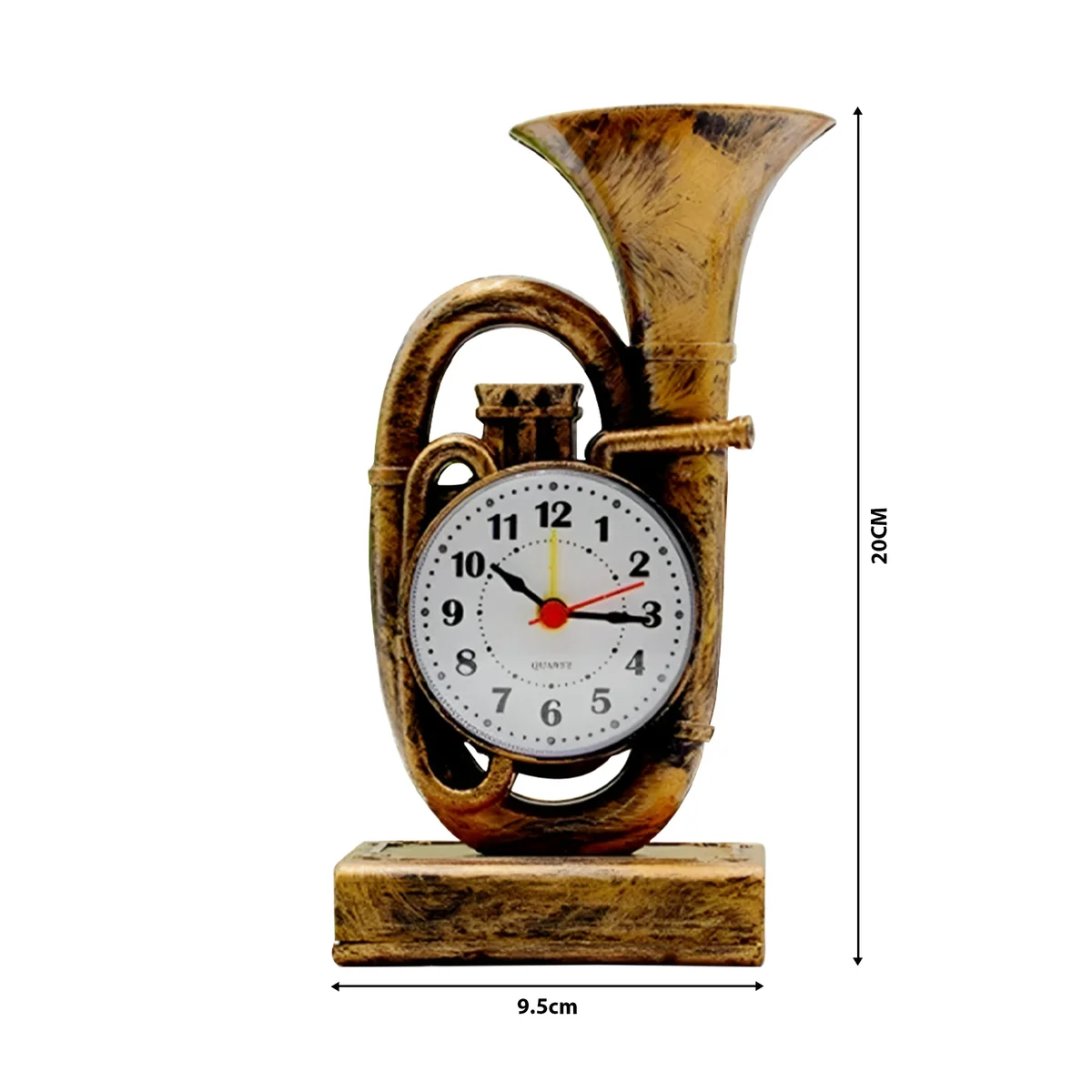 Small trumpet-shaped desktop clock in chrome with glass front, classic analogue display, ideal for bedroom or living room decor