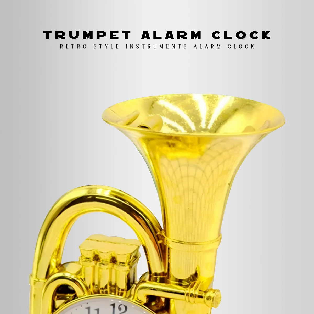Chrome trumpet-shaped indoor table clock with glass front and retro analogue display on wooden surface