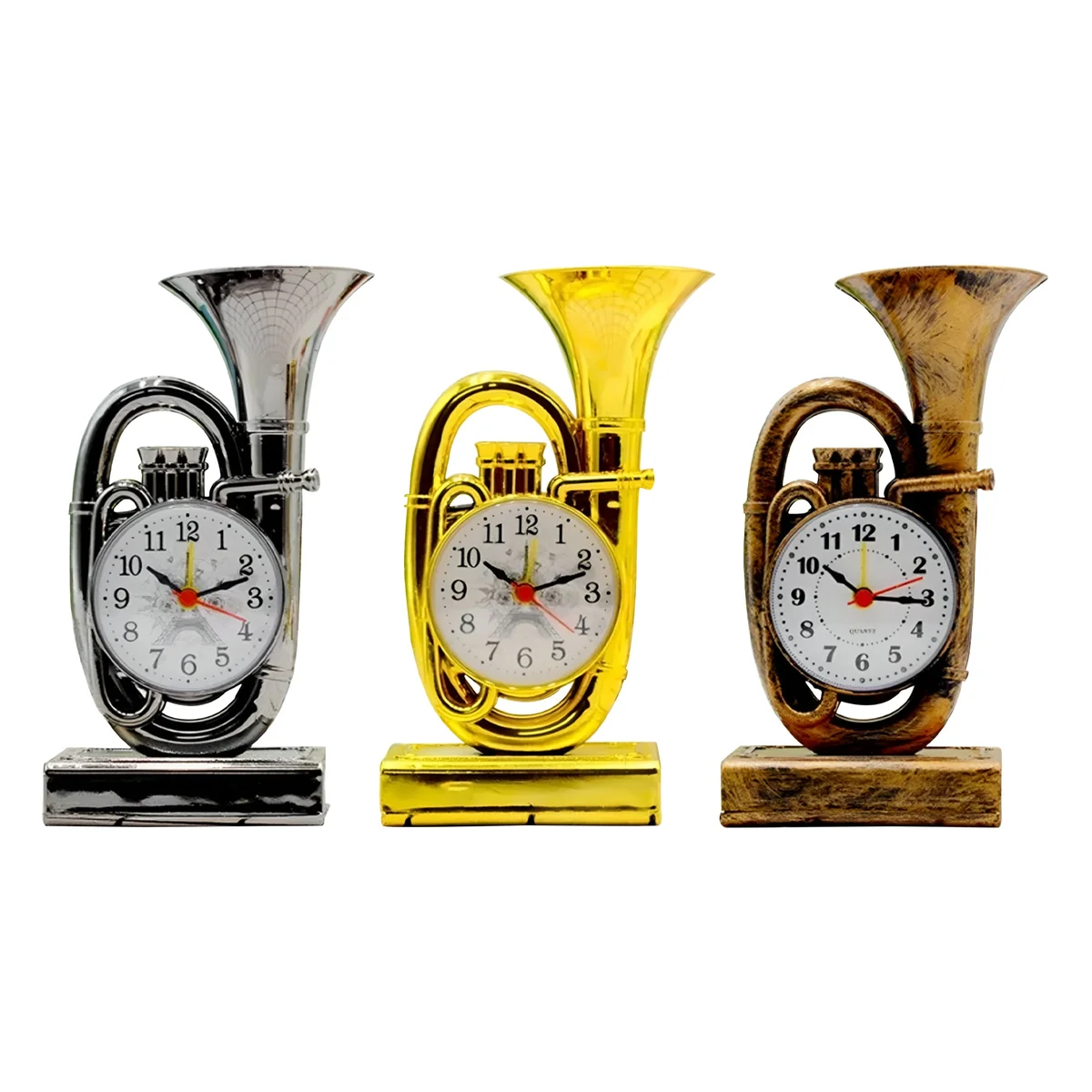 Vintage trumpet alarm clock in chrome with glass front, showing classic analogue display on a white background