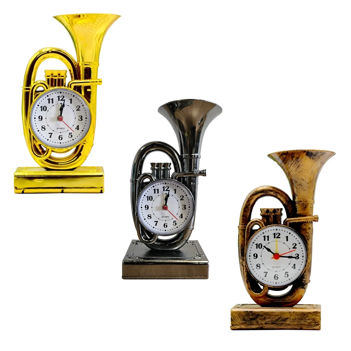 Vintage trumpet alarm clock in chrome with glass front, showing classic analogue dial on a white background