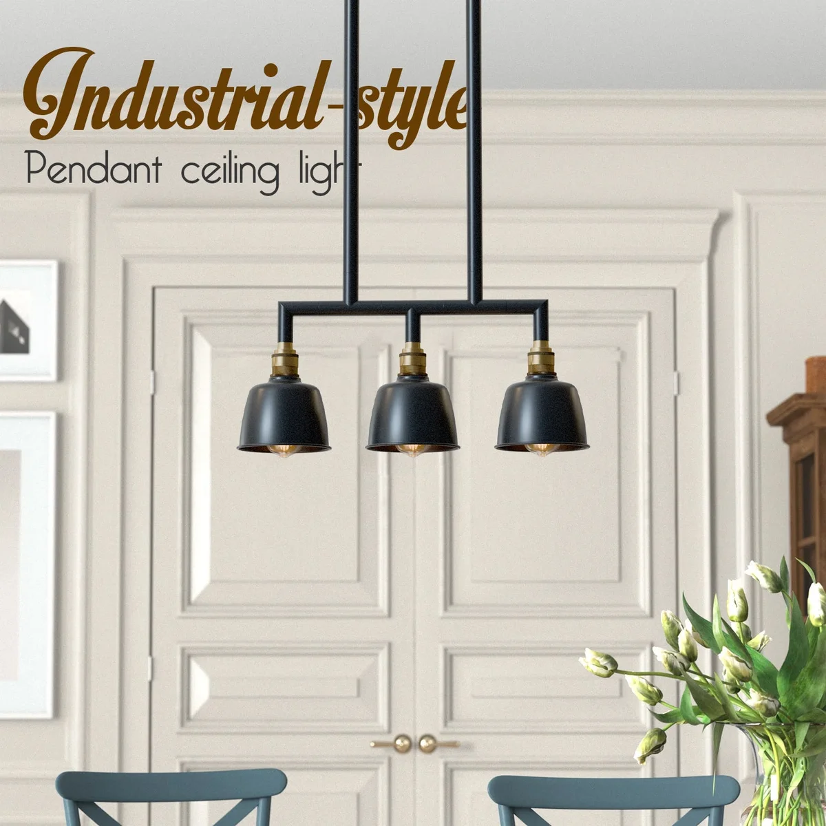 3-way industrial pendant light with metal conduit pipes and three dome shades in vintage style ceiling fixture