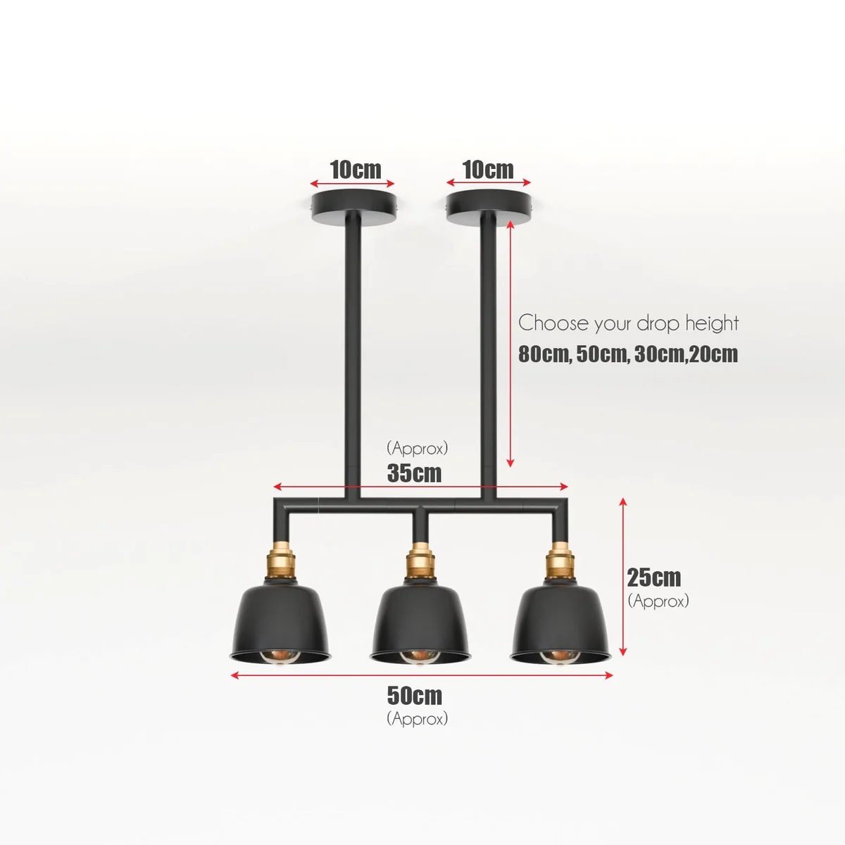 3 light pendant with industrial metal conduit pipes and three dome shades in vintage style ceiling fixture