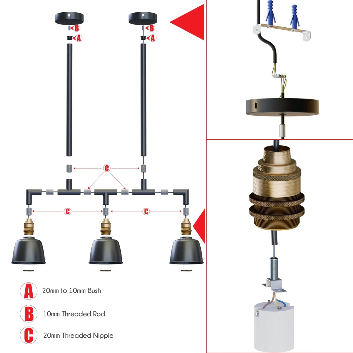 Triple dome metal ceiling light with industrial exposed pipe design in matte black finish, suitable for indoor use.