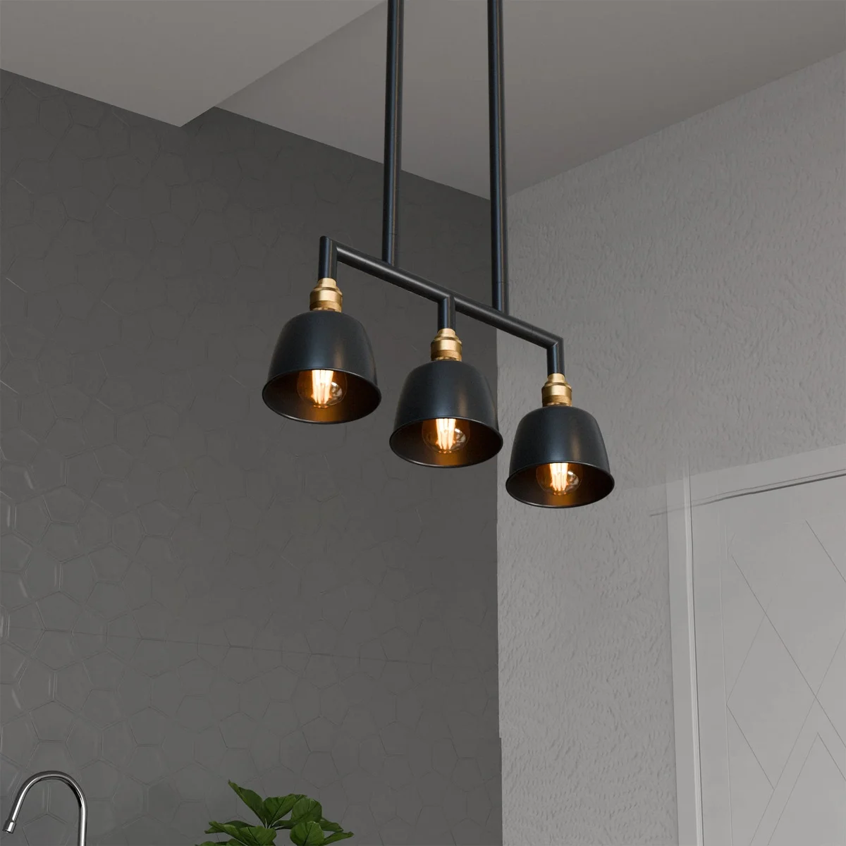 Industrial 3-way metal conduit pipe ceiling pendant with three dome shades and E27 bulb pendant sockets