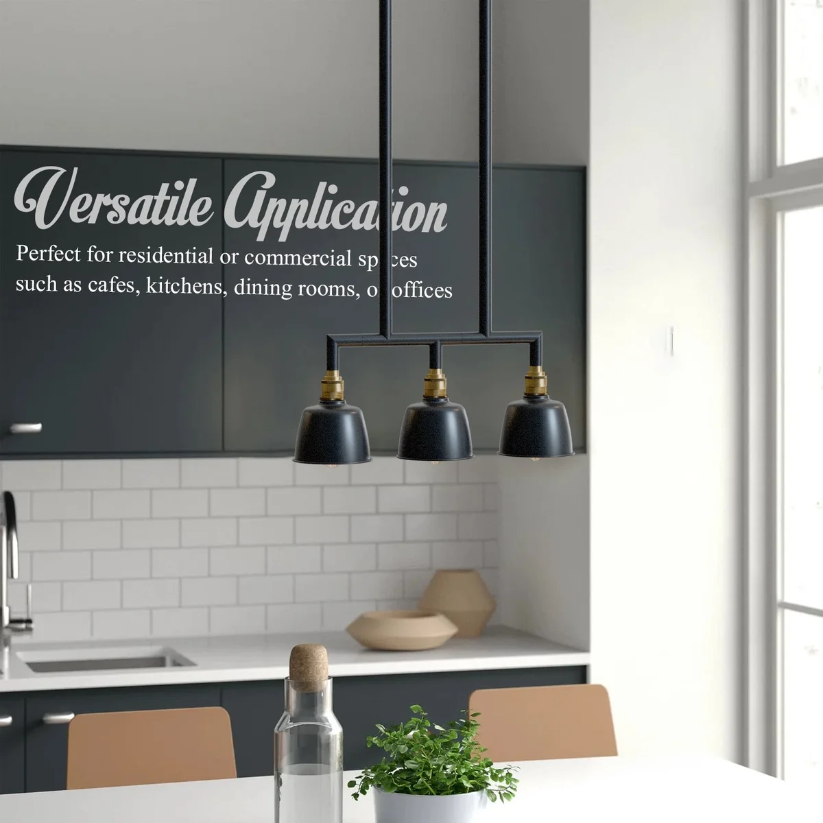 Three dome shades on metal pipes forming a 3-way ceiling pendant showcasing industrial style lighting design