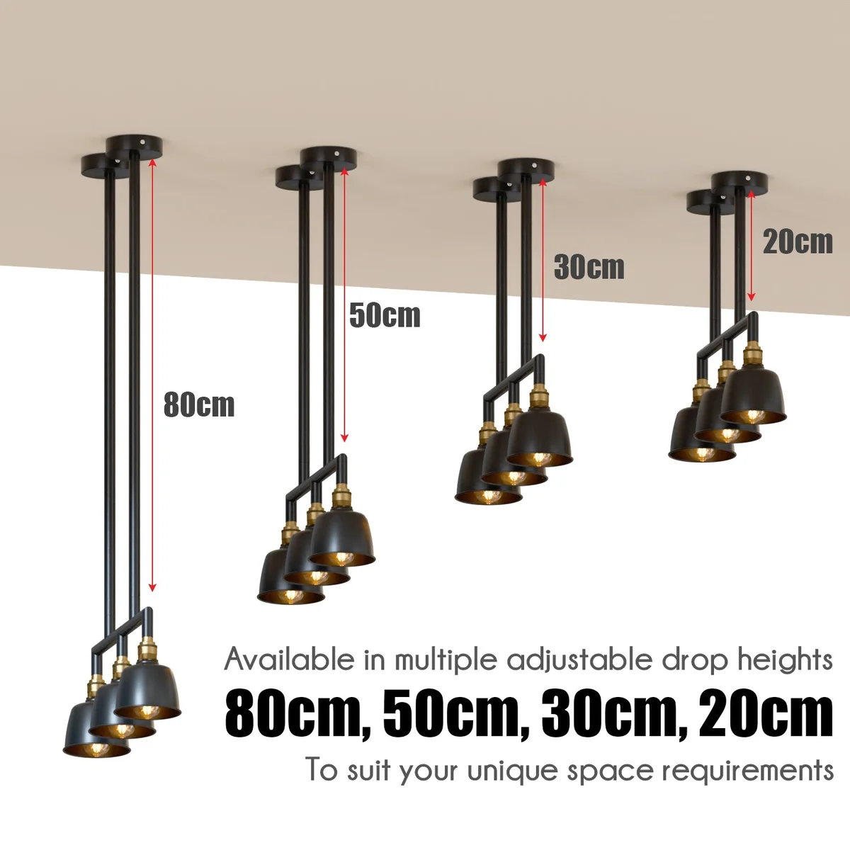 Industrial 3-way pendant light with metal conduit pipes and three dome shade light fixtures in vintage style ceiling mount