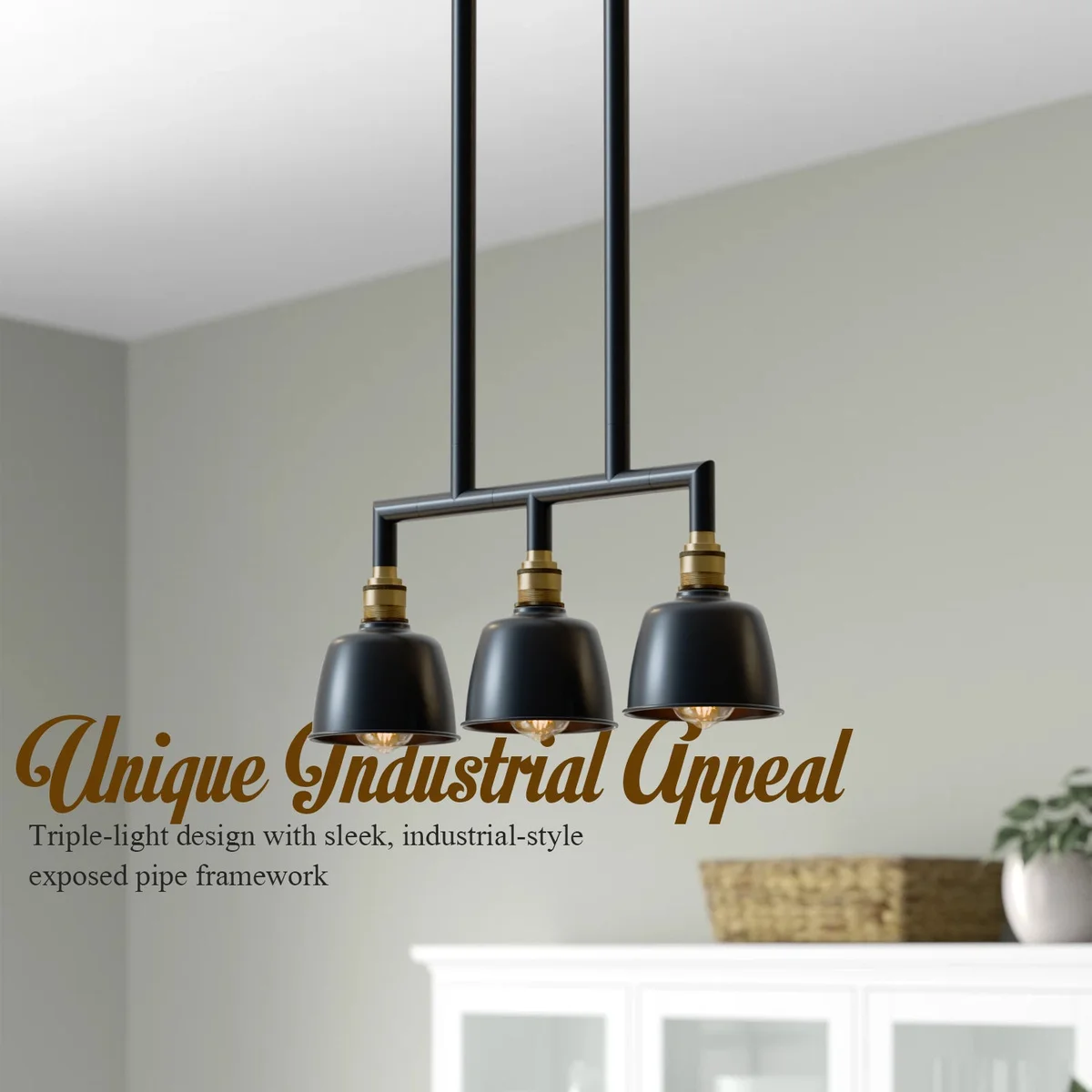 Three-light industrial pendant light with metal conduit pipes and dome shades, ceiling mounted, vintage style design